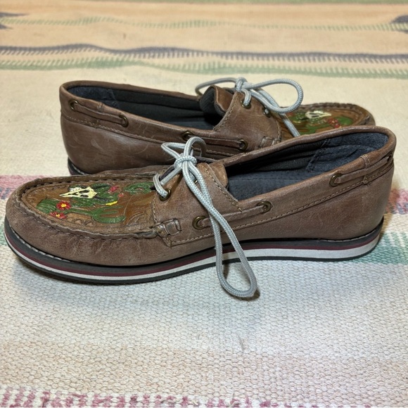 Roper Wom’s 7 Desert Painted Leather Loafers Cowboy Western Skulls Cactus Flower - Picture 6 of 11